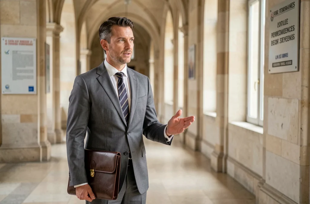 Agent de catégorie intermédiaire de la fonction publique en discussion dans un couloir institutionnel
