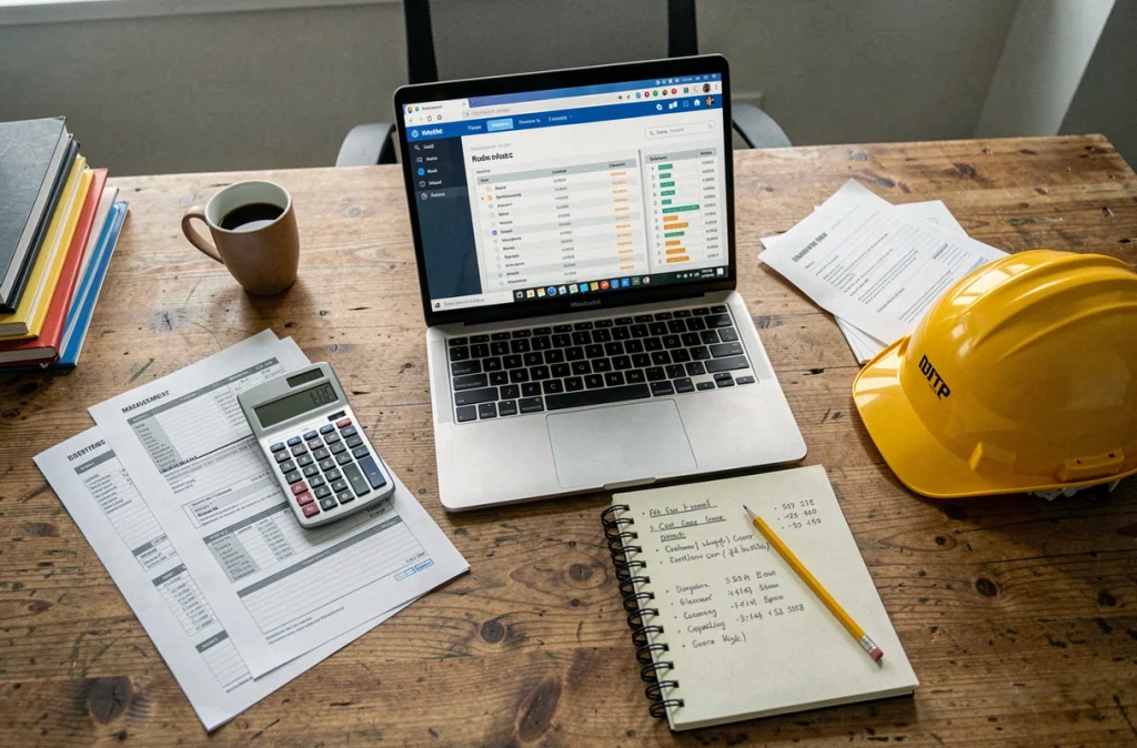Bureau d'entreprise BTP avec ordinateur portable affichant un logiciel de suivi de chantier, devis imprimés et matériel de chiffrage