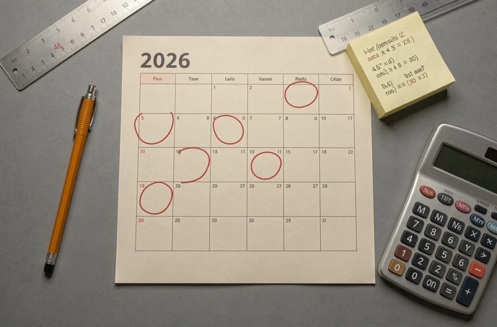 Vue de dessus d'un calendrier 2026 avec des jours de travail annotés et des calculs pour les 35 heures