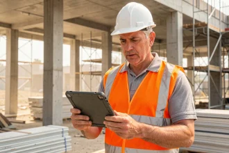 Chef de chantier consultant un suivi de chantier numérique sur tablette avec gilet de sécurité orange et casque blanc