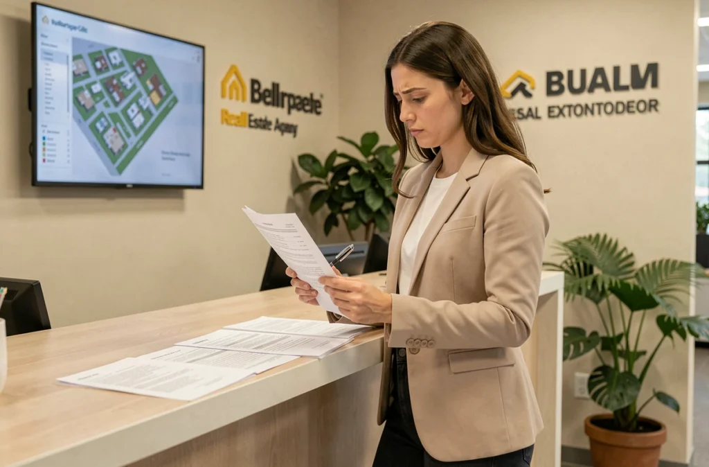 Cliente lisant attentivement un contrat de prestation dans le hall d'une agence immobilière GEO