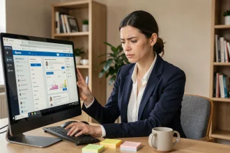 Femme professionnelle comparant plusieurs plateformes business francophones sur un écran d'ordinateur dans un bureau moderne