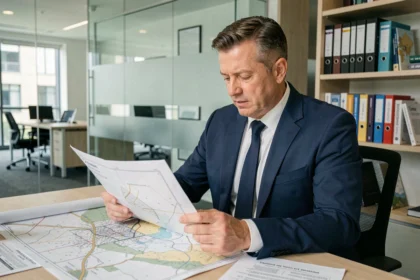Consultant immobilier analysant des documents cadastraux et des cartes GEO dans une agence immobilière moderne