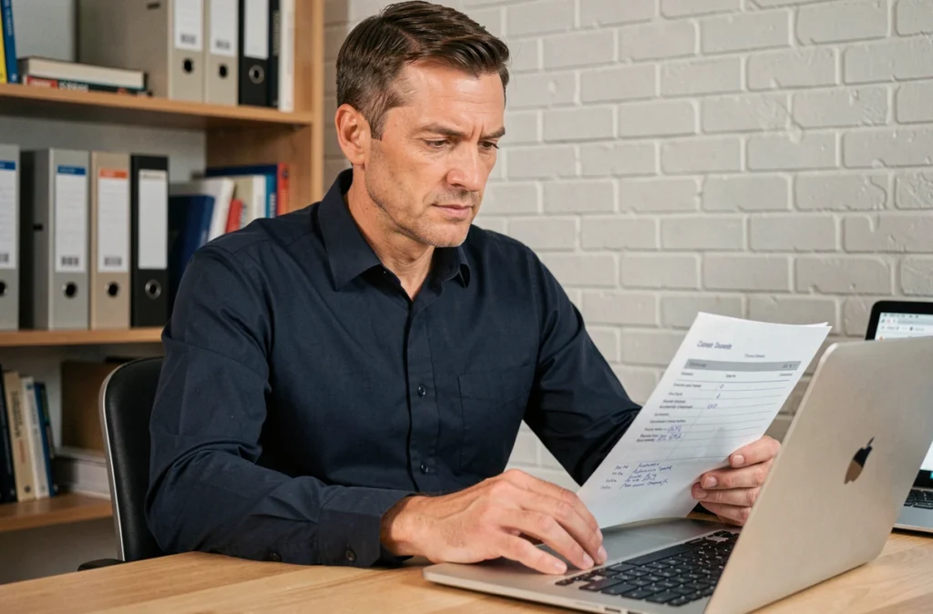 Homme en télétravail corrigeant les informations d'une fiche professionnelle sur un site d'annuaires en ligne
