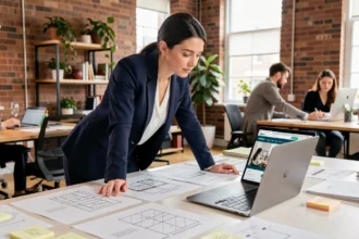 Designer web d'une agence digitale travaillant sur des maquettes de site internet pour PME dans un bureau moderne