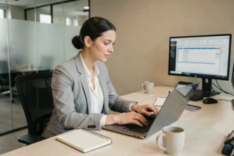 Employée de CSE connectant un logiciel de billetterie à un logiciel de paie sur son ordinateur portable au bureau