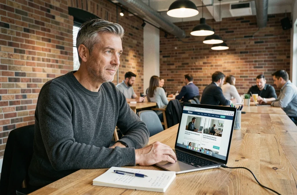 Entrepreneur masculin analysant et comparant des plateformes business francophones dans un espace de coworking moderne