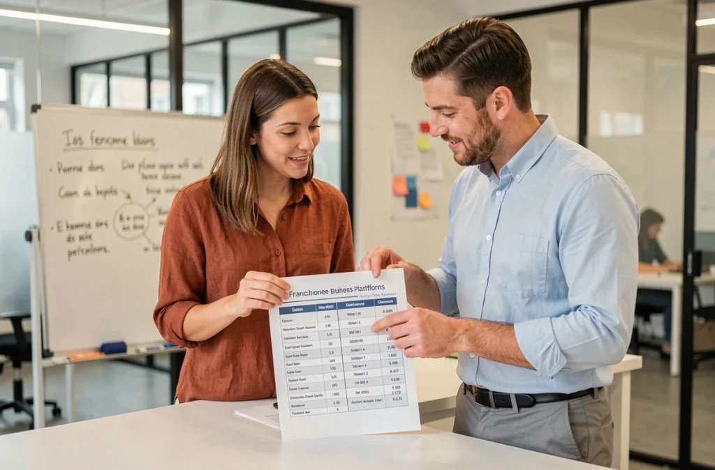Deux collègues discutant d'une comparaison de plateformes business francophones dont ACTINBUSINESS dans un bureau moderne