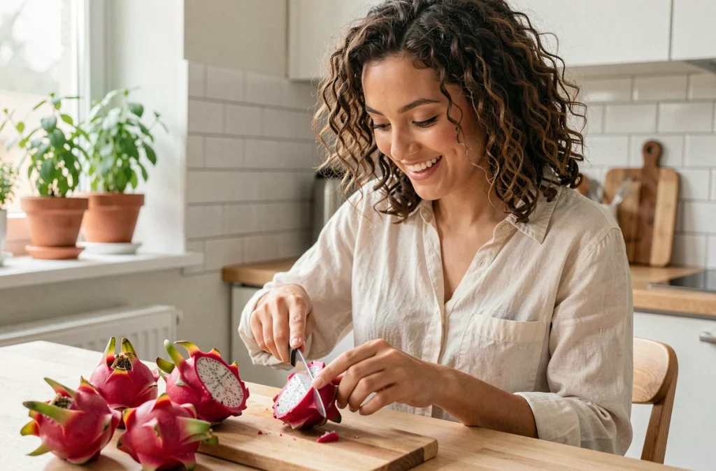 Jeune femme coupant un dragon fruit frais dans une cuisine moderne, découvrant la chair rose vif d'un fruit exotique avec curiosité