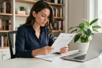 Femme professionnelle révisant son CV de télétravail à son bureau à domicile organisé