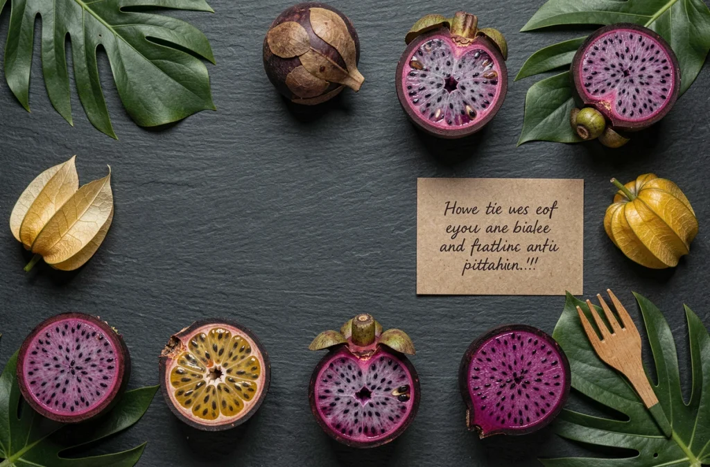 Flatlay élégant de fruits exotiques coupés en deux dont le mangoustan, le physalis et le pitahaya disposés sur une ardoise sombre avec des feuilles tropicales