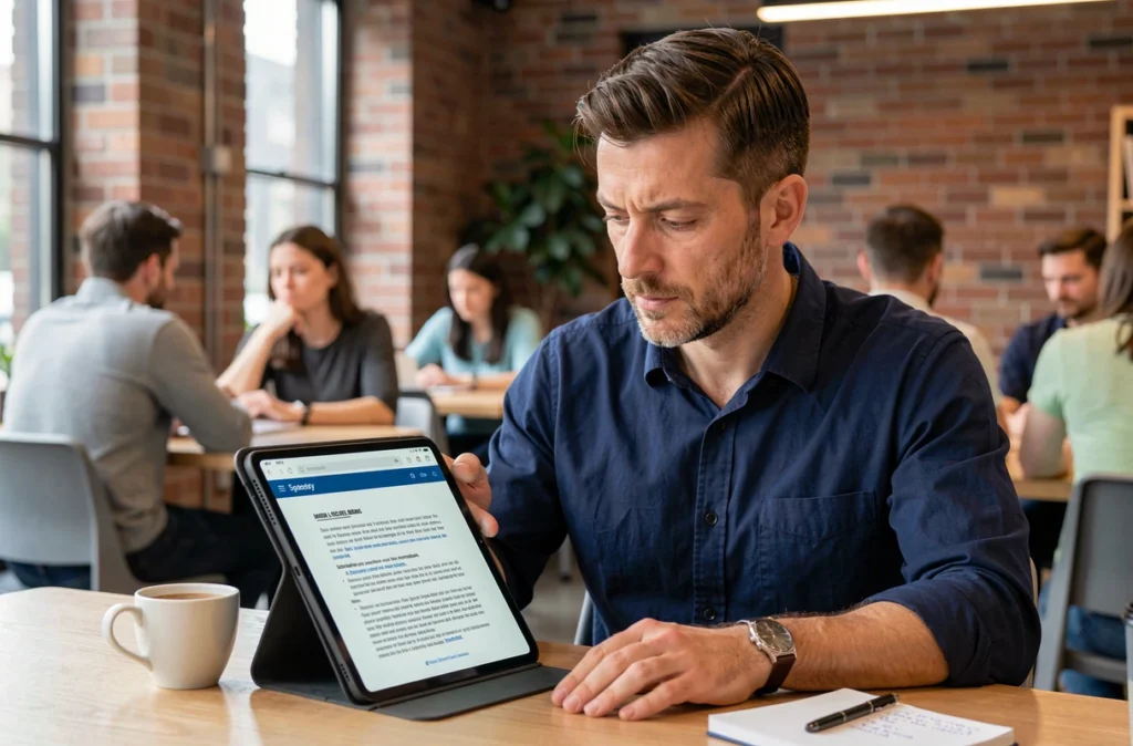 Freelance masculin consultant une fiche d'information légale sur tablette dans un espace de coworking pour vérifier les données d'un client