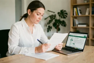 Freelance consultant vérifiant les informations légales d'un client sur son ordinateur portable avec des documents KBIS imprimés sur un bureau en bois