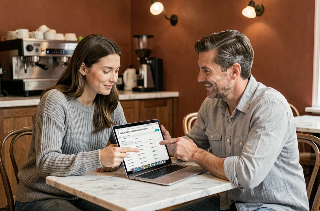 Deux freelances consultant ensemble une base de données légale d'entreprise sur ordinateur portable dans un café parisien pour analyser les infos KBIS d'un client