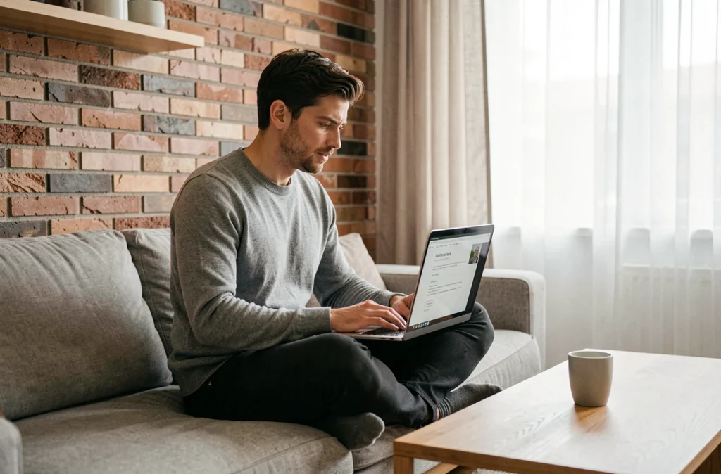 Jeune homme postulant à un emploi en télétravail avec son ordinateur portable sur un canapé moderne