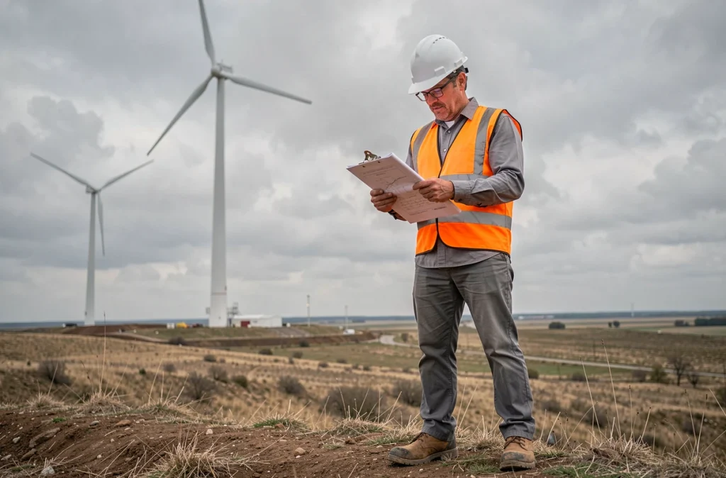 Ingénieur environnement sur un chantier d'éoliennes consultant des plans, représentant les salaires des cadres dans les énergies renouvelables