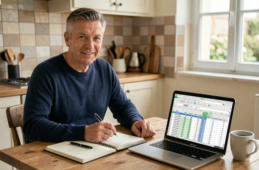 Homme calculant le nombre de jours travaillés en 2026 sur un agenda et un ordinateur portable à la maison