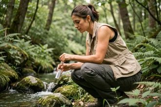 Professionnelle de l'environnement collectant des échantillons d'eau en forêt, illustrant les métiers du secteur environnemental