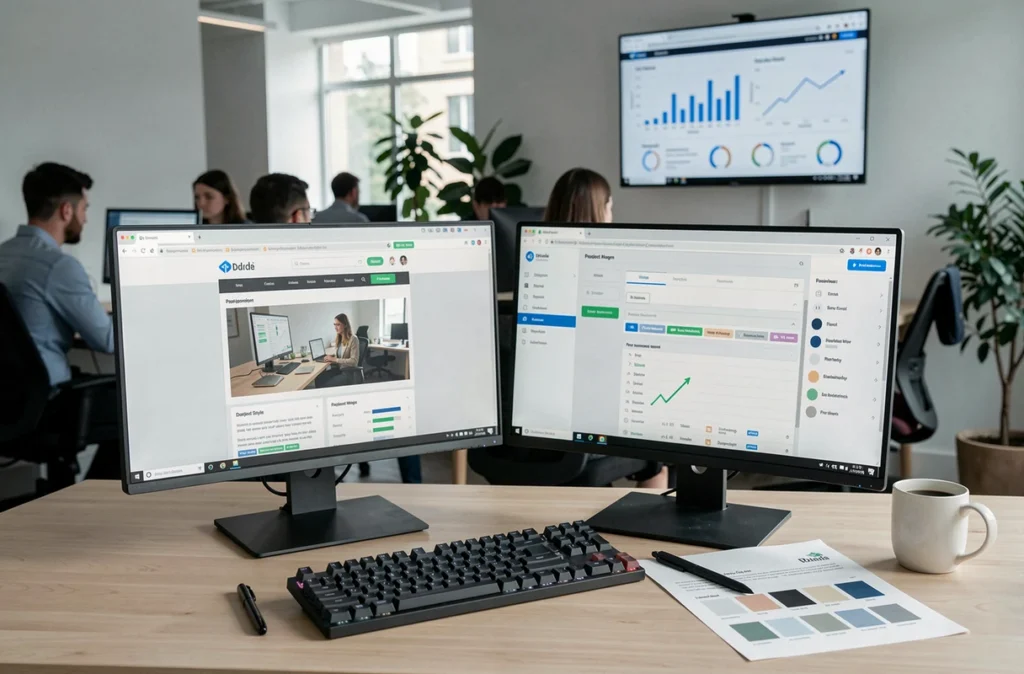 Poste de travail d'un développeur web en agence avec des écrans affichant la création d'un site internet pour une PME