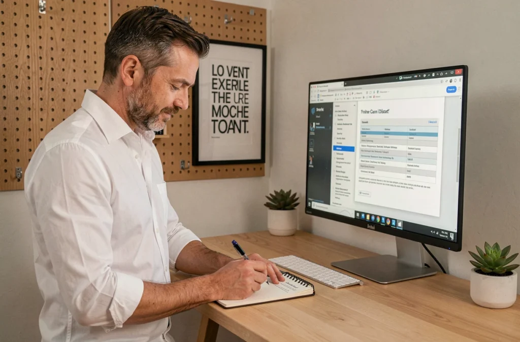 Professionnel consultant un modèle de CV pour télétravail sur grand écran dans un bureau à domicile minimaliste