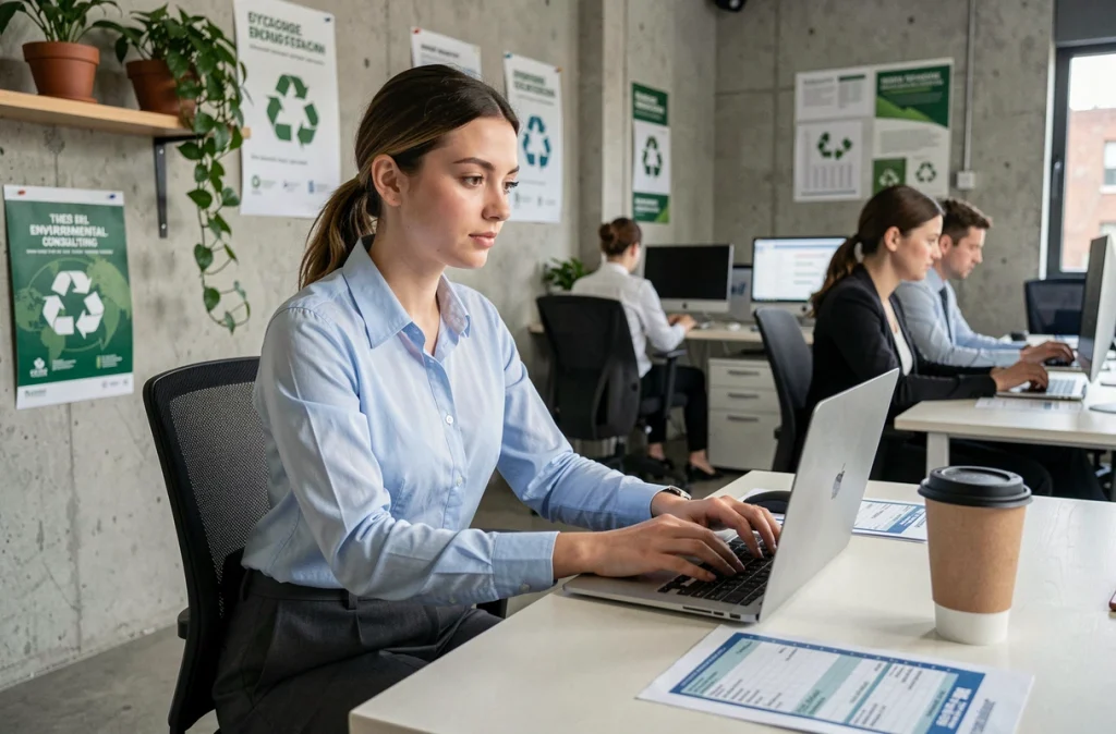 Jeune professionnelle du secteur environnemental travaillant sur une étude de salaires dans un bureau de conseil en développement durable