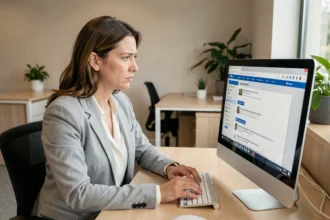 Femme professionnelle vérifiant une fiche d'entreprise en ligne sur un ordinateur de bureau dans un open space moderne