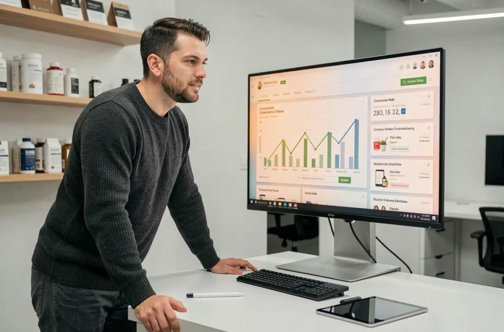 Stratégiste e-commerce d'Advisa debout devant un écran affichant des tableaux de bord analytiques de boutique en ligne et des graphiques de taux de conversion