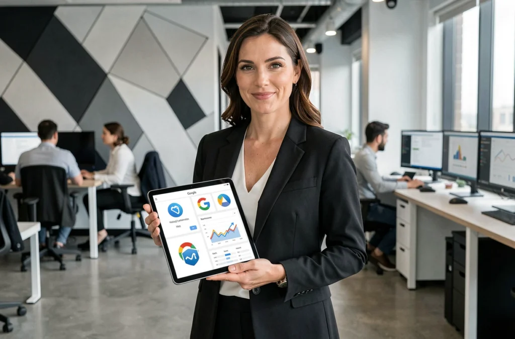 Directrice marketing de l'agence 4K tenant une tablette affichant les certifications Google et Meta et un tableau de bord de performance de campagne dans un bureau d'agence moderne