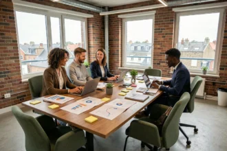 Équipe d'une agence de marketing digital en Ille-et-Vilaine réunie autour d'une table de travail moderne