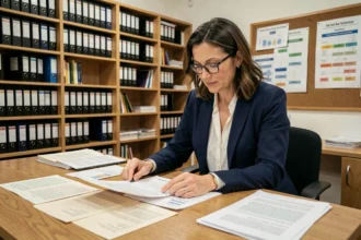Archiviste de l'économie sociale consultant des archives physiques dans un bureau d'organisation à but non lucratif