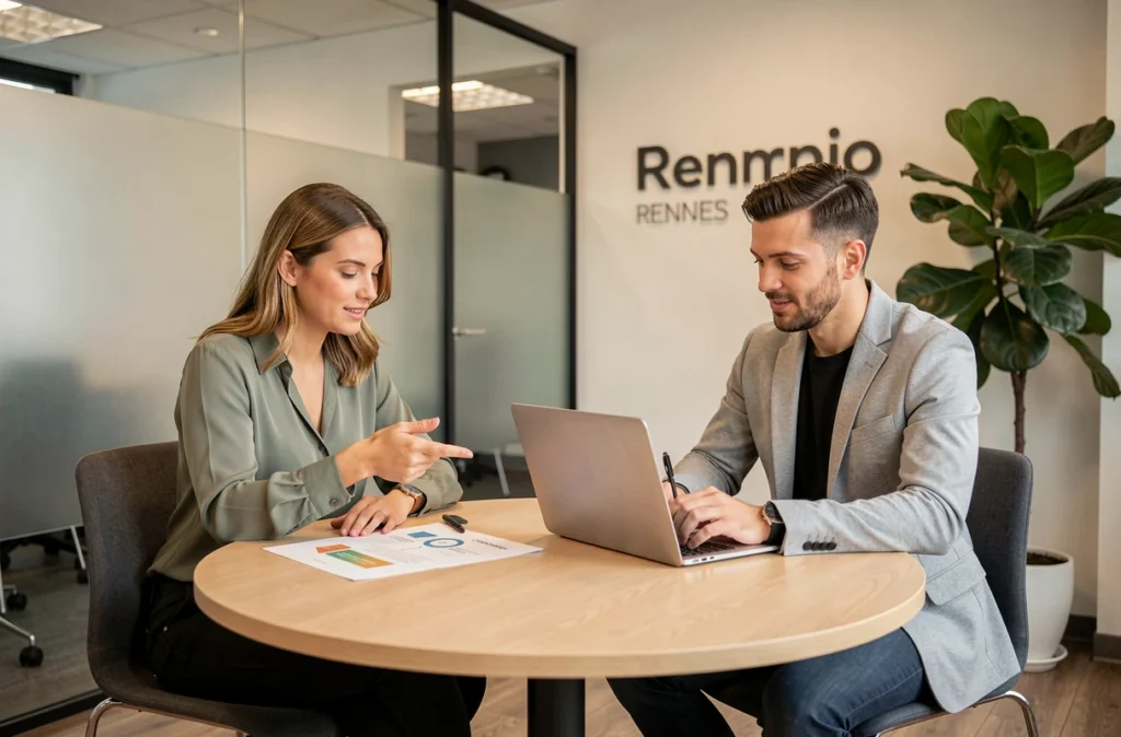 Équipe d'Axiom Marketing en réunion de stratégie de communication digitale à Rennes