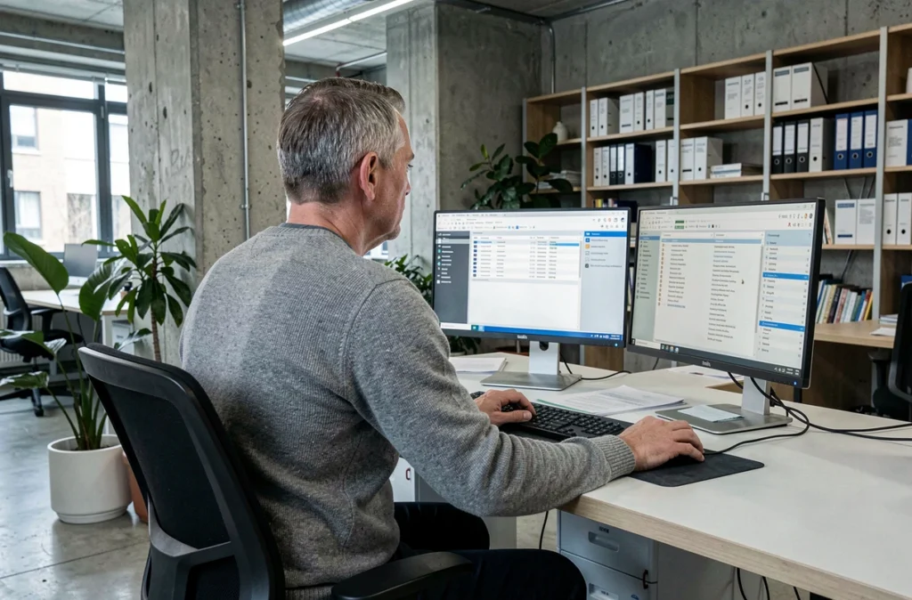 Chercheur consultant des archives numériques de coopératives sur ordinateur dans un espace de travail moderne
