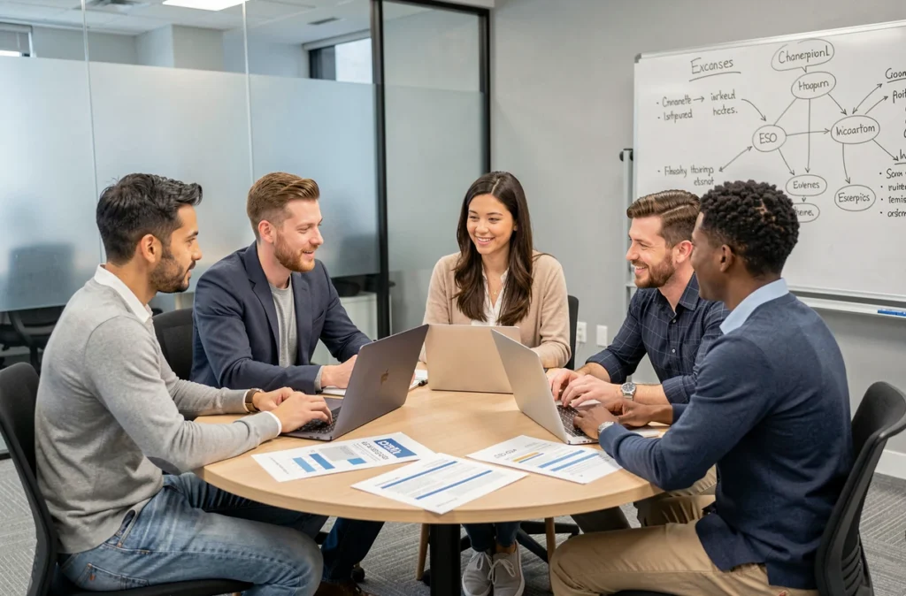 Groupe de consultants SEO de Conversion Boosters réunis autour d'une table avec des rapports d'audit SEO et des ordinateurs portables lors d'une session de travail collaboratif