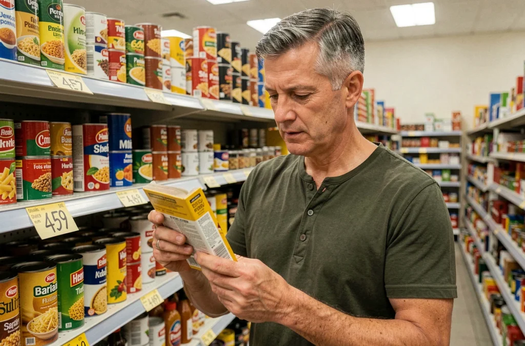 Homme inspectant un produit alimentaire dans un magasin de déstockage avec des rayons remplis d'articles à prix cassés