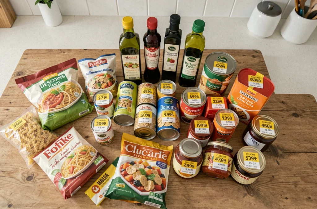 Assortiment de produits alimentaires déstockés avec étiquettes de prix réduits disposés sur une table de cuisine française