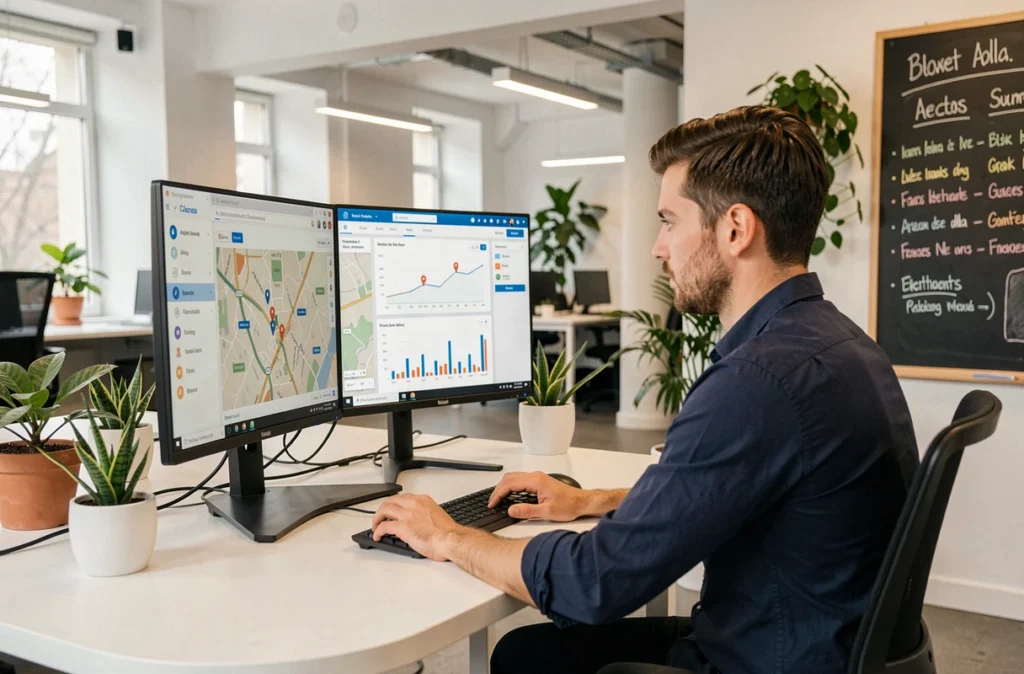 Développeur travaillant sur la plateforme de marketing local Digitaleo dans un bureau moderne à Rennes