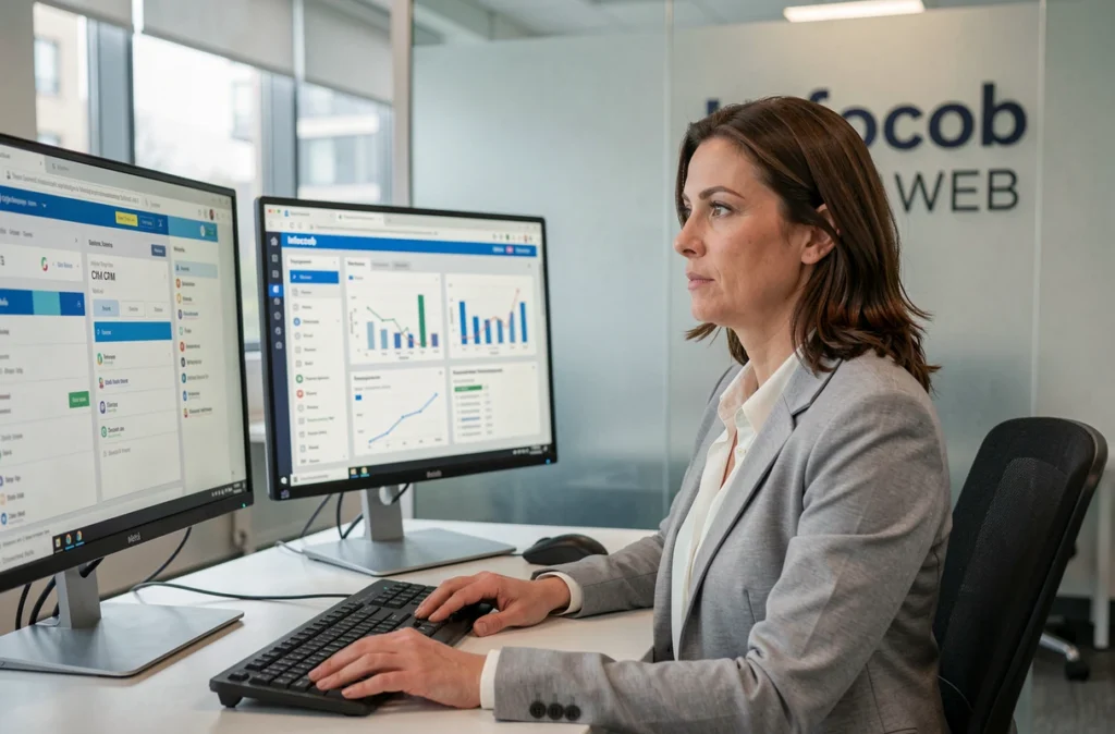 Une développeuse web professionnelle travaille sur les interfaces CRM et web de l'agence Infocob WEB dans un bureau moderne