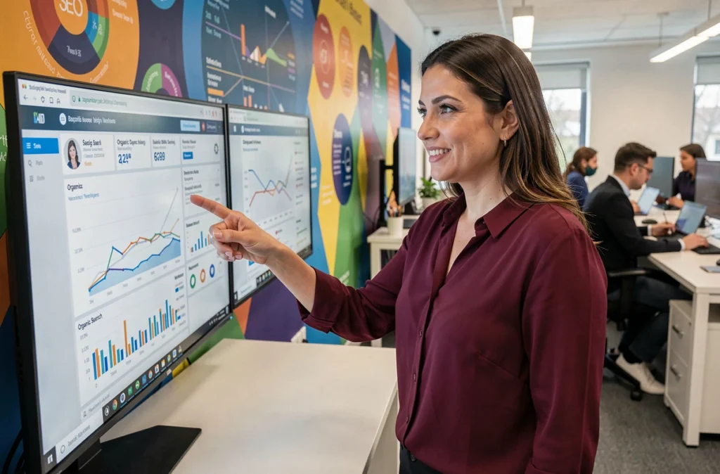 Stratégiste SEO et social media de K4tegori pointant vers des écrans affichant des analyses de référencement et de réseaux sociaux dans un bureau d'agence digitale