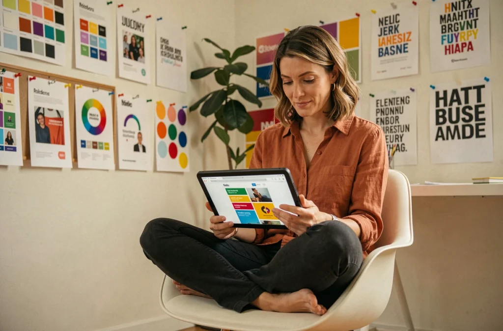 Une directrice artistique de l'agence La Casa de Com examine une maquette de site web sur tablette dans un studio créatif coloré