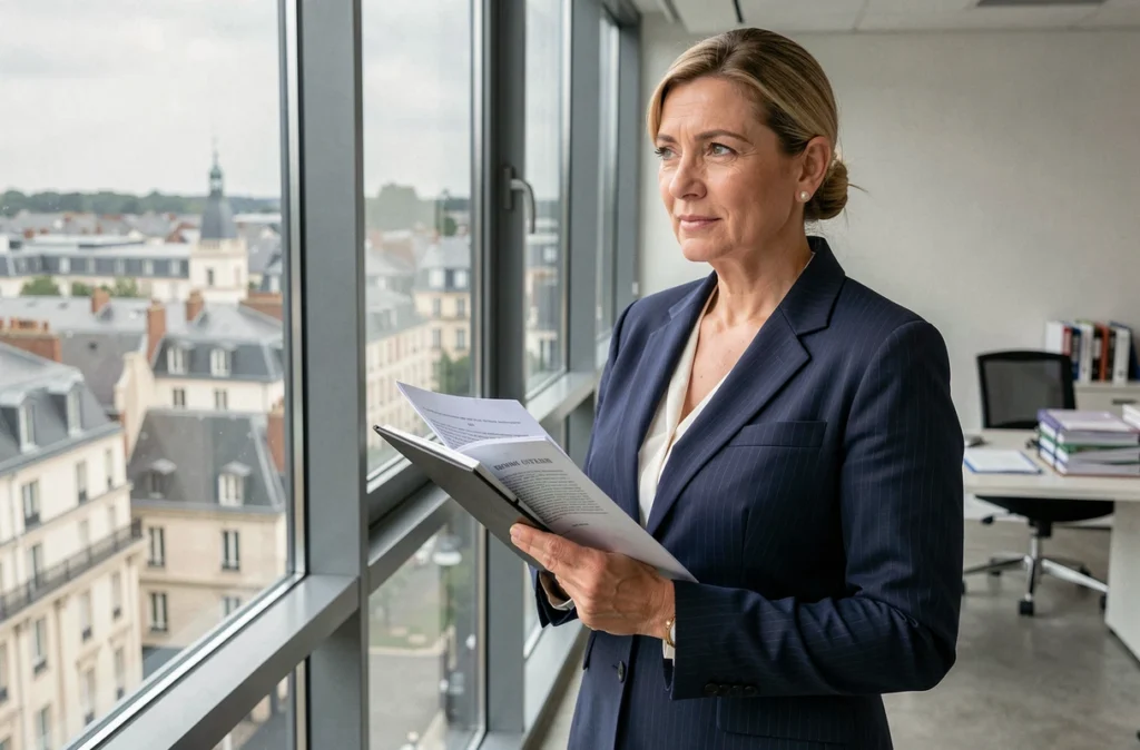 Maître Isabelle Saffre, avocate spécialisée en droit du travail dans le Nord, devant la fenêtre de son cabinet