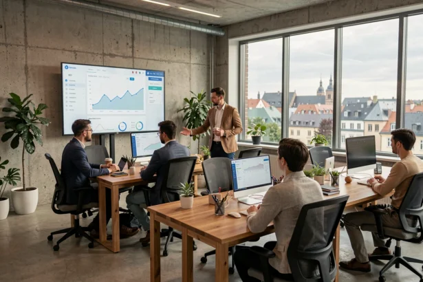 Vue panoramique d'une agence SEO moderne à Strasbourg avec des professionnels collaborant autour d'écrans affichant des tableaux de bord SEO et des analyses de sites web