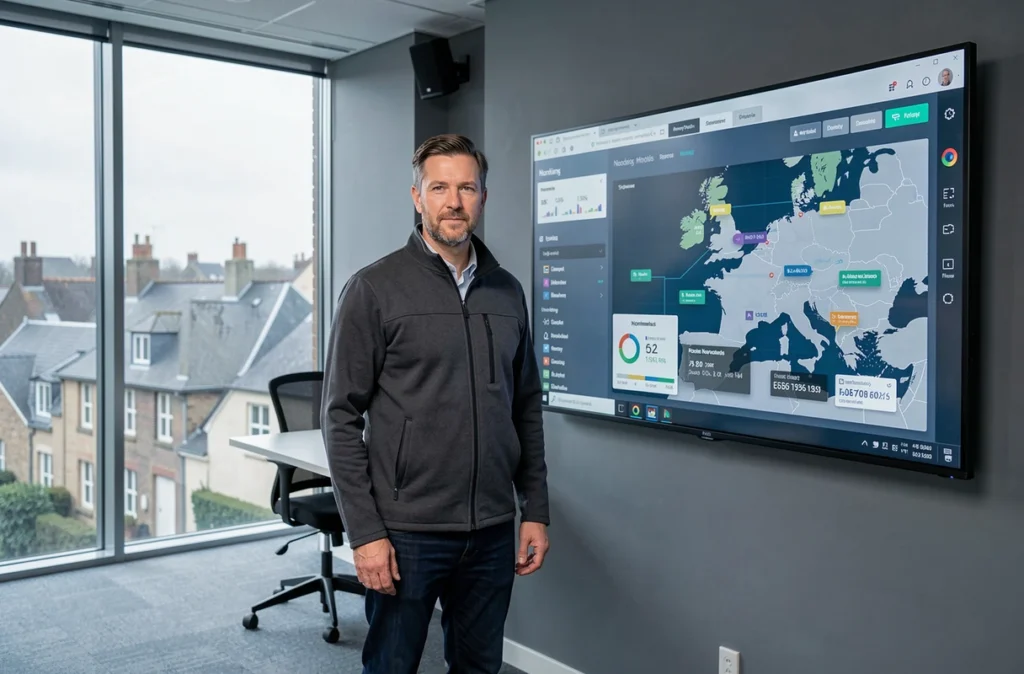 Un chef de projet de Normandie Digital présente un tableau de bord analytics et une carte régionale dans un bureau technologique moderne