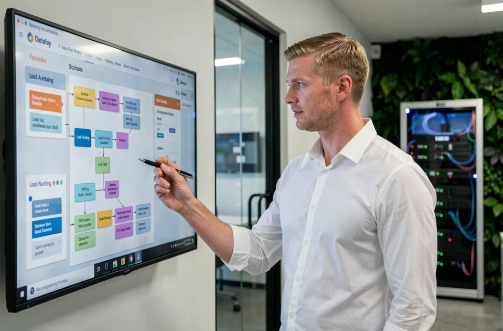 Spécialiste inbound marketing d'Orbiteo présentant un workflow de marketing automation