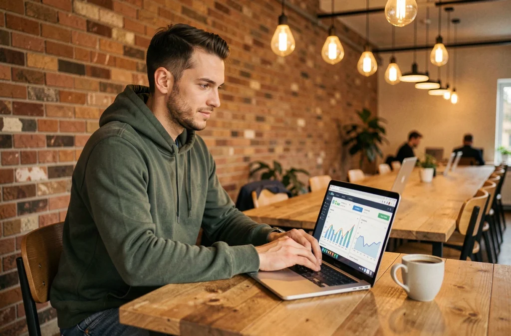 Marketeur digital de Pullseo travaillant sur des tableaux de bord de trafic et d'e-réputation dans un espace de co-working à Brumath