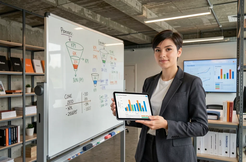 Consultante en growth marketing de l'agence Size Up présentant des indicateurs de performance à Rennes