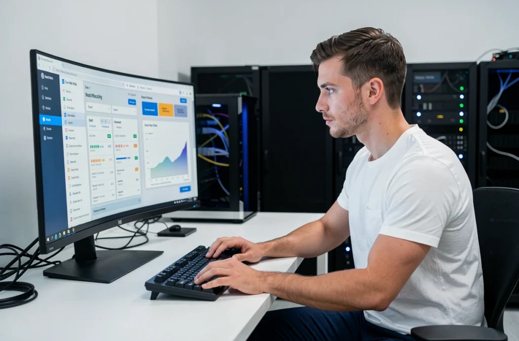 Développeur web de l'agence Tiz examinant les résultats de performance digitale et les Core Web Vitals sur un grand écran dans un espace de travail épuré