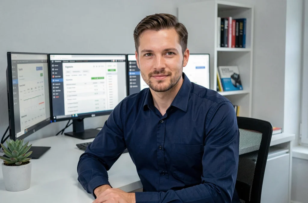Spécialiste SEO de l'agence Webalia assis devant des écrans affichant des rapports de référencement naturel et des outils d'analyse de mots-clés