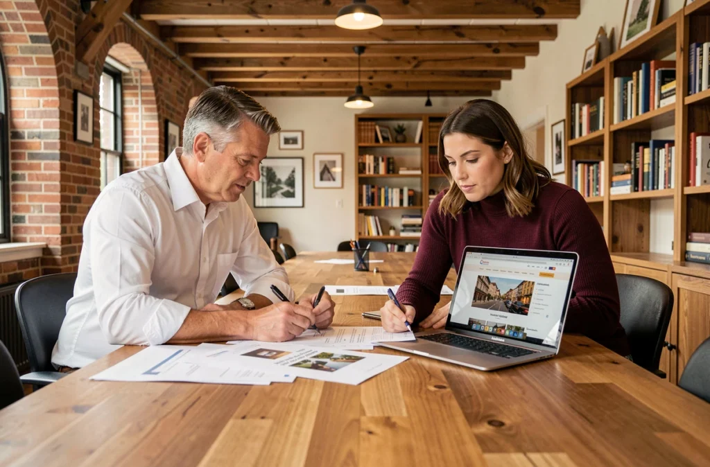 Deux collaborateurs de Webcom Normandie examinent des documents de conception de site web et un ordinateur portable dans un espace de coworking normand