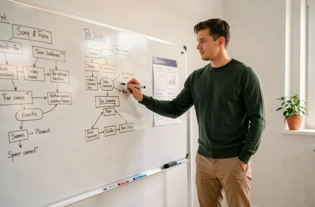 Un stratège web de l'agence Webora présente une architecture de site internet sur un tableau blanc dans un studio moderne