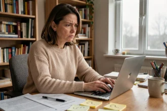 Femme sceptique devant son ordinateur portable à domicile, entourée de papiers épars, méfiante face aux arnaques du travail emballage sur internet